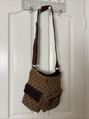 Gucci Brown Monogram Messenger Bag with Green-Red Web Strap